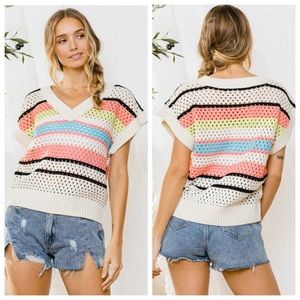 3-Pack Open Knit Multi-Color Stripe V-Neck Sweater Top / Color Block